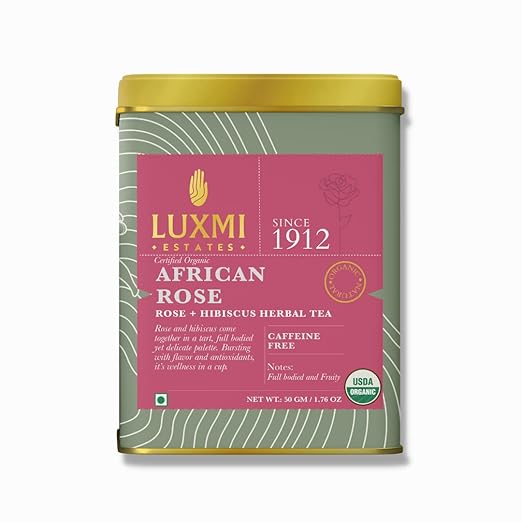 Estates African Rose Herbal Tea 50gm Tin | Certified Organic Tea|Hibiscus,Roses|Decaffeinated|Flavourful|100% Natural