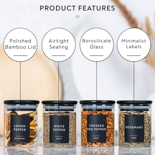 Laramaid 6oz 12Pack Spice Jars with Black Vinyl Spice Labels, Round Jars with Black Bamboo Lids, Minimalist Premium Labels, Adjustable Measuring Spoon and White Pen, Storage Container Canisters