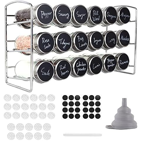ROSNONG 3 Tier Spice Rack Free Standing with 18 Spice Jars, Counter Spice Organiser, Seasoning Bottles Organizer for Kitchen, Cupboard, Countertop, Included Shaker Lids, Funnel, Pen, Label Paper Cover