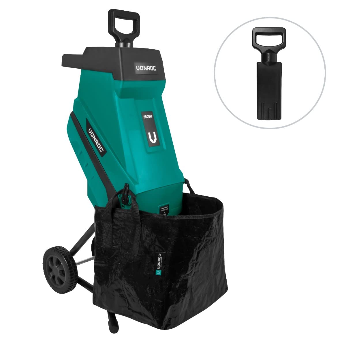 VONROC Trituradora 2500W - Para ramas de hasta Ø45mm - Incluye bolsa de recogida de 45L y palo de empuje