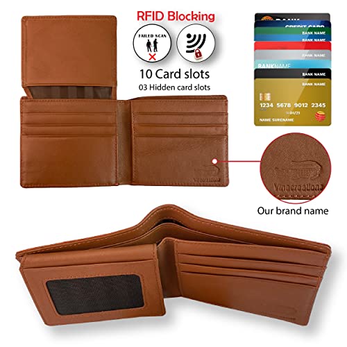 Image of HATA Light Brown Exotic Bifold Leather Wallet with Hidden Compartment, Men's Minimalist Wallets RFID Blocking & ID Window Card Holder, Handmade Gift for Birthday, Anniversary, Father's Day VINAM-30