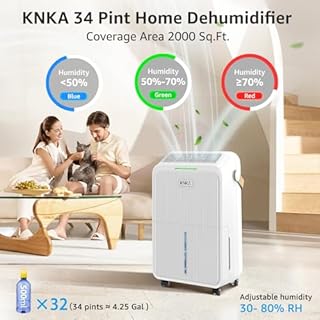 Dehumidifier for Basement with Drain Hose Max 34 Pints, KNKA 2000 Sq.Ft Dehumidifiers for Home, Large Room, Bathroom, Three Operation Modes, Intelligent Humidity Control, Dry Clothes, 24HR Timer