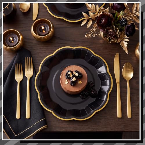 Image of 30 Pcs Black and Gold Plates 7 Inch Halloween Paper Plates with Gold Trim