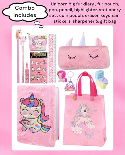Image of TOOYEP 15 Pcs Unicorn Gift Combo Set For Girls Kids Unicorn Theme Gift Bag Stationery Set Age 6-8 Years 10-12 Year I Diary, Stickers, pen, pouch, scale, badge, Eraser, Wallet & Carry Bag (Green)