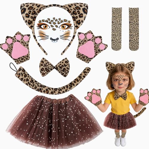 Costume Carnaval Enfant, 7 Pièces Costume Léopard Filles Tenue Guépard Jupe Bandeau Oreilles Léopard Queue Cravatta Papillon Chaussettes Genoux Motif Léopard...