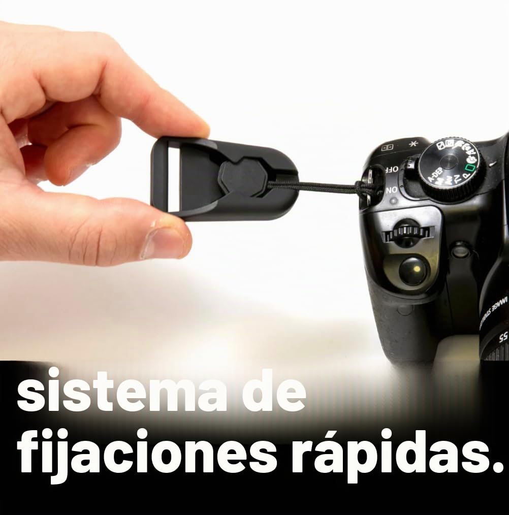 Camstrap - Correa para cámara y prismáticos manos libres ultraligera y ajustable, sistema de fijación rápida con conectores, protección óptima del cuello y la espalda, universalmente adaptable, Negro