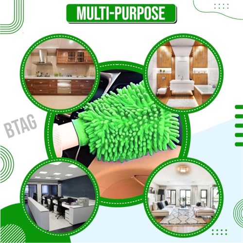 Image of Btag Double Sided Microfibre Wash Mitt Cleaning Gloves (2 Pcs, 2400 GSM, Size 26 X 19 Cm, Extra Large, Super Absorbent, Big Chenille Mitt Glove) (Green)