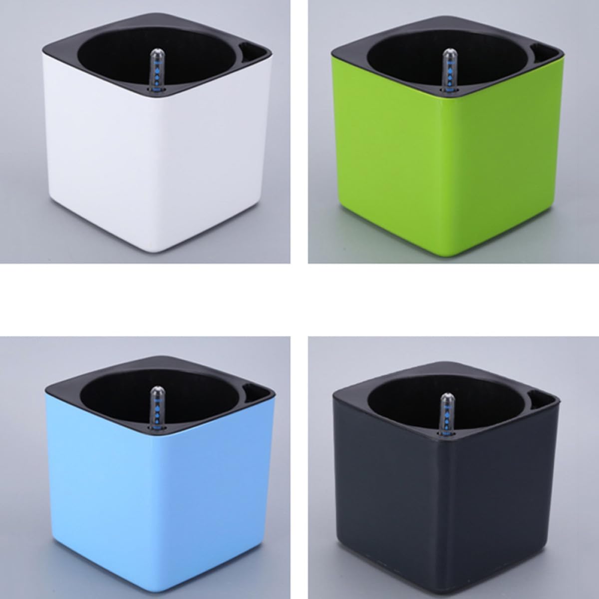 Housoutil Vaso da Fiori Autoirrigante Quadrato in Plastica Bianco 12 CM Set 4 Pezzi con Doppio Contenitore Staccabile Nilometro Galleggiante e Corda di Cotone per Riserva D’Acqua Porta