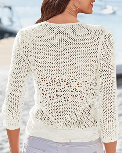 Image of Nulibenna Womens Sheer Shrug Sweaters 3 /4 Sleeve Open Front Tie Cardigan Bolero Jacket Lightweight Crochet Knit Cover Up Tops