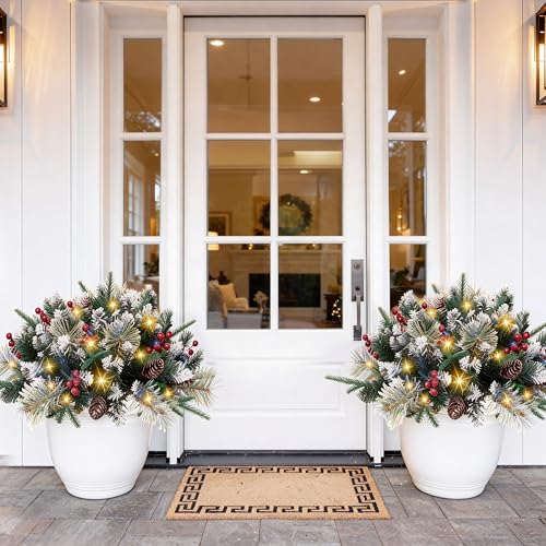 Christmas Planter Filler with Lights, Pre-Lit Holiday Planters Battery Operated Christmas Pot Filler with Multi-Color LED Lights for Outdoor Porch & Pathway, 24 inch Set of 2 Christmas Decor