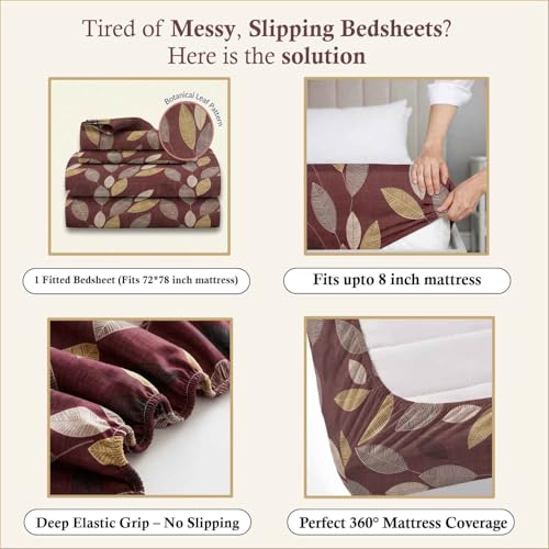 Image of Dream Weaverz- Polycotton Printed Double Bed Size Fitted Elastic Bedsheet,2 Pillow Cover,260 Thread (72 inch x 78 inchx7 inch) Home, Bedroom (Dark Brown, King)