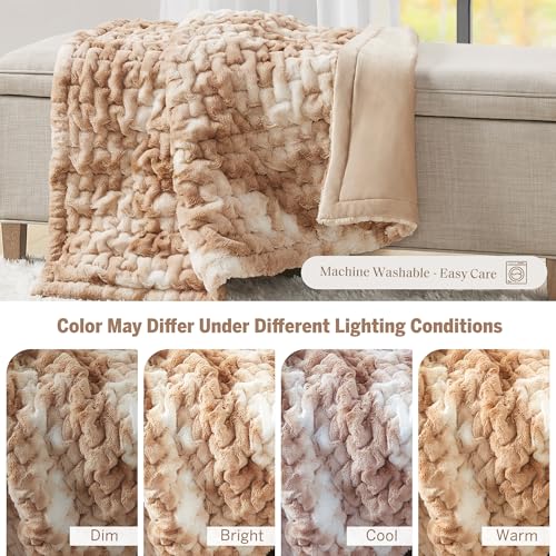 Madison Park Ruched Fur Throw Faux Fur Blanket, 50" x 60", Tan Tie Dye - image 6