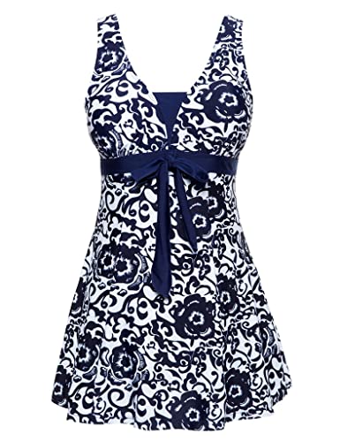 Wantdo Bañador Talla Grande Cuello en V Cintura Alta Falda Traje de Baño Push up El Mar y La Playa Bañador para Mujer Azul Marino 56-58