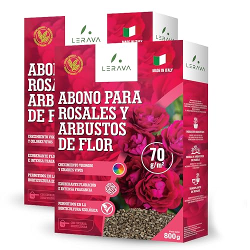 LERAVA® Abono rosales y plantas con flor - 2x800g con tapón dosificador - Crecimiento vigoroso y colores brillantes - fertilizante plantas de exterior o en maceta - abono orgánico 100% Made in Italy