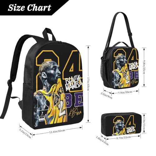 3 Piece Basketball Player #8 And #24 Large Capacity Travel Backpack+Lunch Box+Pencil Case For Men Women Fans Notebook Laptop Bags Hiking Camping Work-Style 64