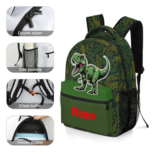 Custom Backpack for Men Women Add Text Name Personalized Lightweight Laptop Backpack Customized Green Dinosaur Leaves School Bag for Travel Work4
