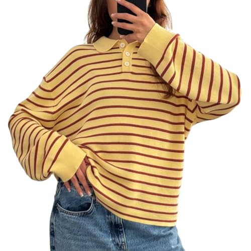 Women’s Striped Polo Sweatshirt Knit Oversized Long Sleeve Button Lapel Collar Classic Knit Sweater Tops