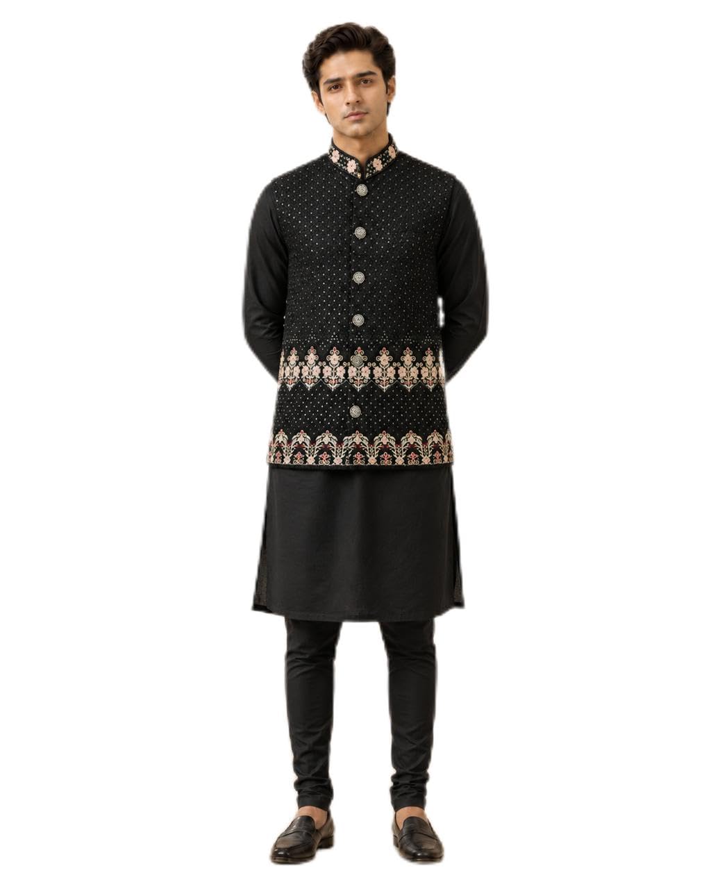 Mens Ethnic Wear Modi Jacket Black With Floral Design-image-30