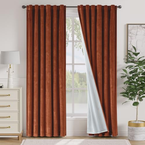 Image of Blackout Burnt Orange Velvet Curtains Back Tab 52x90 Inch 2 Panels | Soft Velvet, Room Darkening, Lined, For Bedroom & Living Space, Light Shifting Texture, Elegant Drape, Rod Pocket, Luxury