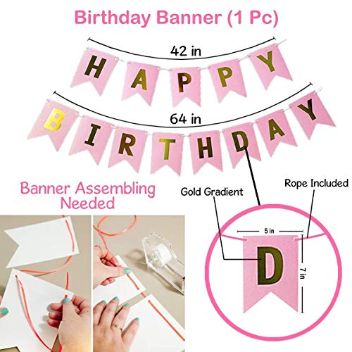 Image of Party Propz Happy Birthday Balloon Garland Decoration- 66Pcs Pack With Happy Birthday Paper Banner, Net Curtains & Pink and Gold Balloons Arch Kit For Girls,Kids, Baby, Wife Bday Decor Items