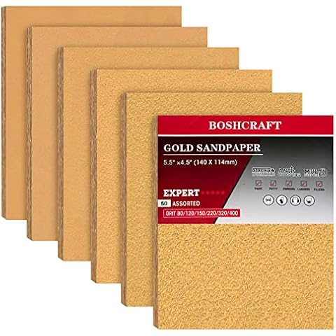 BOSHCRAFT 50 Pcs 1/4 Sheet Sandpaper, Premium Sand Paper 80/120/150/220/320/400 Grit Sandpaper Sheet Sand Paper Assortment for Wood Metal Automotive Palm Sanders 5.5" x 4.5" Cover