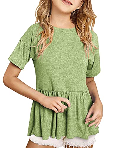 Image of Ebifin Girls Short Sleeve Tops Kids Peplum Babydoll T Shirts Tees 4-15Y | Girls T-Shirts, Crew neck Short Sleeve Shirts, Casual Tunic Tops, Cute Blouses, Summer Tees, Ruffle Hem, Loose fit