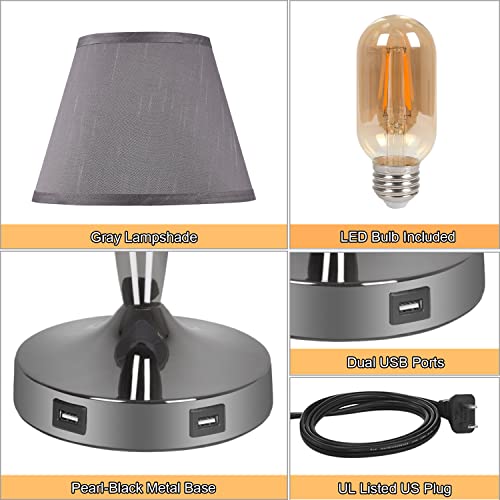 Touch Table Lamp With Usb Ports, 3-Way Dimmable Modern Small Nightstand Lamp For Bedroom, Living Room & Office, Bedside Lamp W/ Grey Trapezoid Shade And Metal Base, Led Bulb Included #TOP2