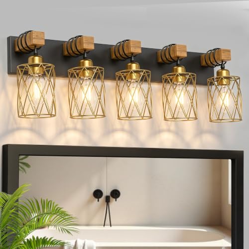 Image of IZORRO Farmhouse Bathroom Vanity Light, 5-Light Wood Bathroom Light Fixtures Over Mirror, Black and Gold Industrial Vanity Lights with Metal Shade, Rustic Restroom Lighting Fixtures