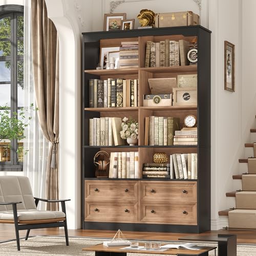 FINETONES 71' Tall Bookshelf with 4 Drawers, 6-Tier Double Wide Bookshelves and Bookcases with Storage, Tall Bookshelf Large Standing Book Cabinet for Home Office, Brown/Black