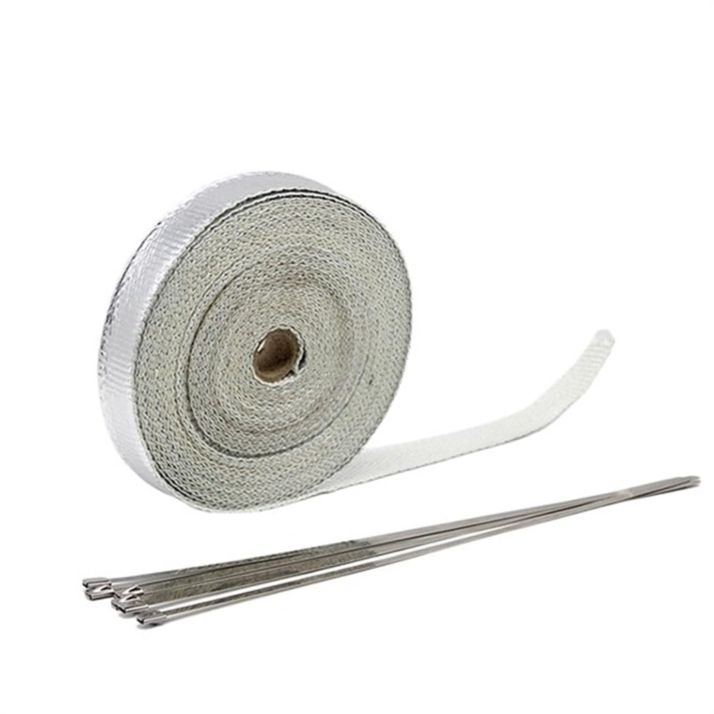 Benda Termica Per Scarico Marmitta 5 cm * M/10 M/15 M/20 M di Scarico Involucro Calore Nastro Termico In Fibra Vetro Isolamento del Collettore Rotolo Resistente Con Lacci In Acciaio(5x10 Silver)