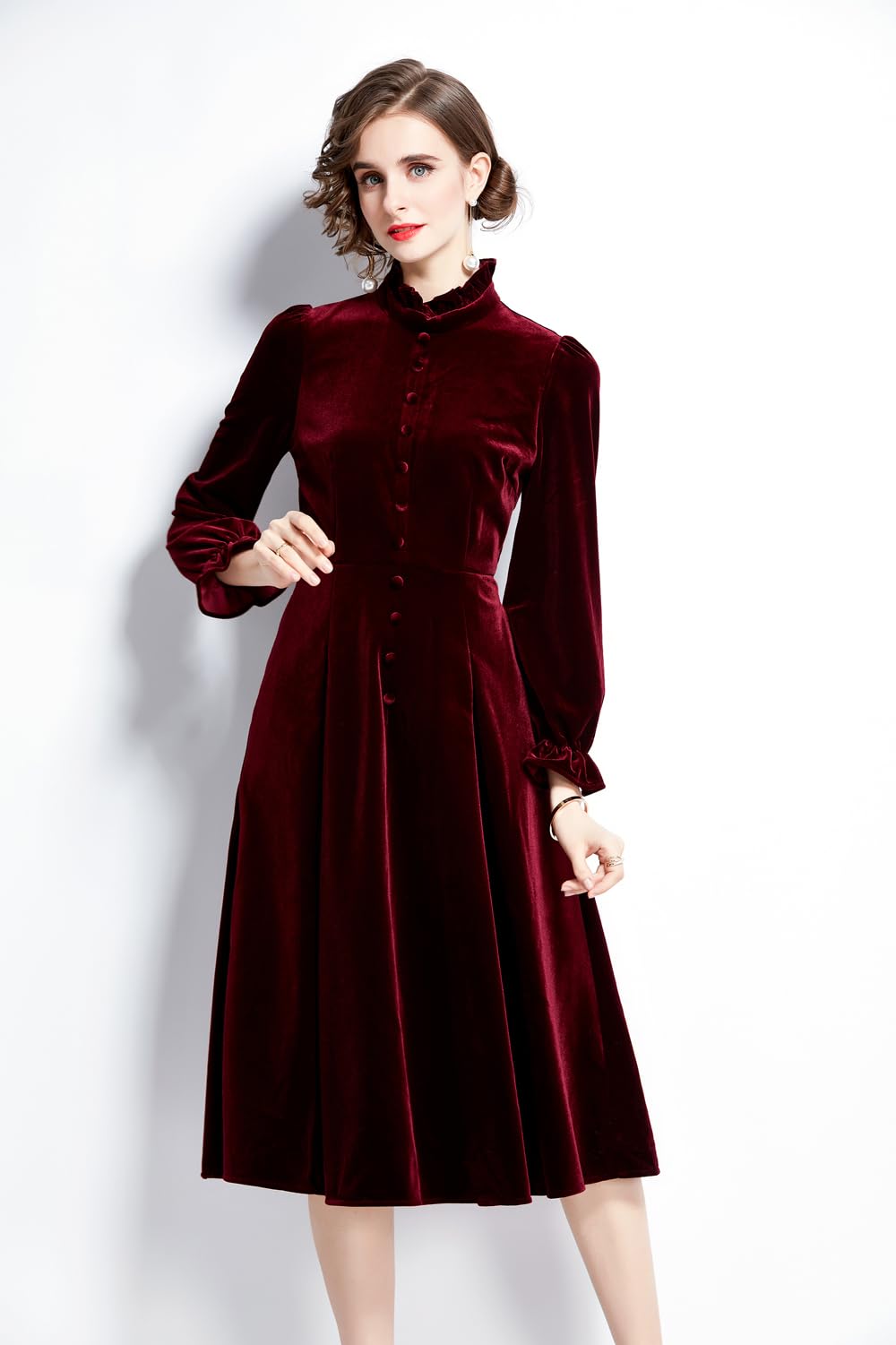 Abito Elasticizzato in Velluto a Maniche Lunghe Donna, Elegante Monopetto con Collo alla Coreana, Longuette a Trapezio per Feste di Natale alla Moda, Wine Red, XXL