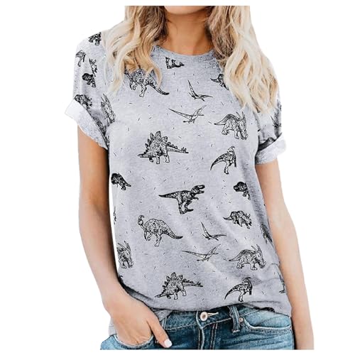 Linda camiseta de manga corta con estampado de dinosaurio envolvente, gris, M