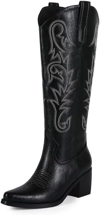 ZJA Women Western Cowboy Boots Knee High Cowgirl Tall Boots with Block Chunky Heel for Casual Rodeo Embroidered Pull On Pointed Toe Morning Glory Boots