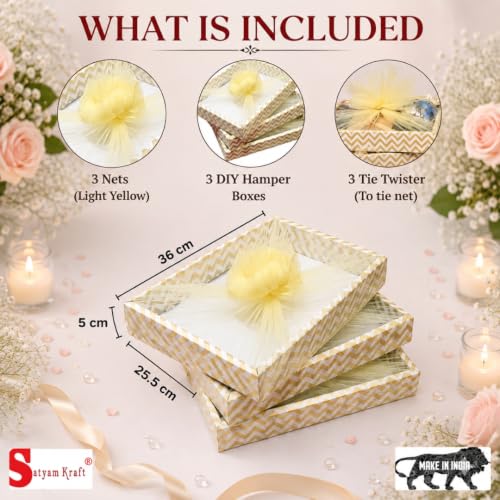 Image of SATYAM KRAFT 3 Pcs Decorative DIY Folding Gift Box | Rectangular Tray with Net for Rakshabandhan, Birthday, Anniversary, Festival, Return Gifts, Sweets, Craft