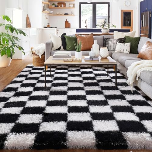 Teppich Kariert Wohnzimmer 90x150cm, Waschbarer Teppich Schlafzimmer Schwarz Weiß, Flauschig Hochflor Antirutsch Teppiche Schachbrettmuster, Modern Schachbrett Carpet für Living Room Kinderzimmer