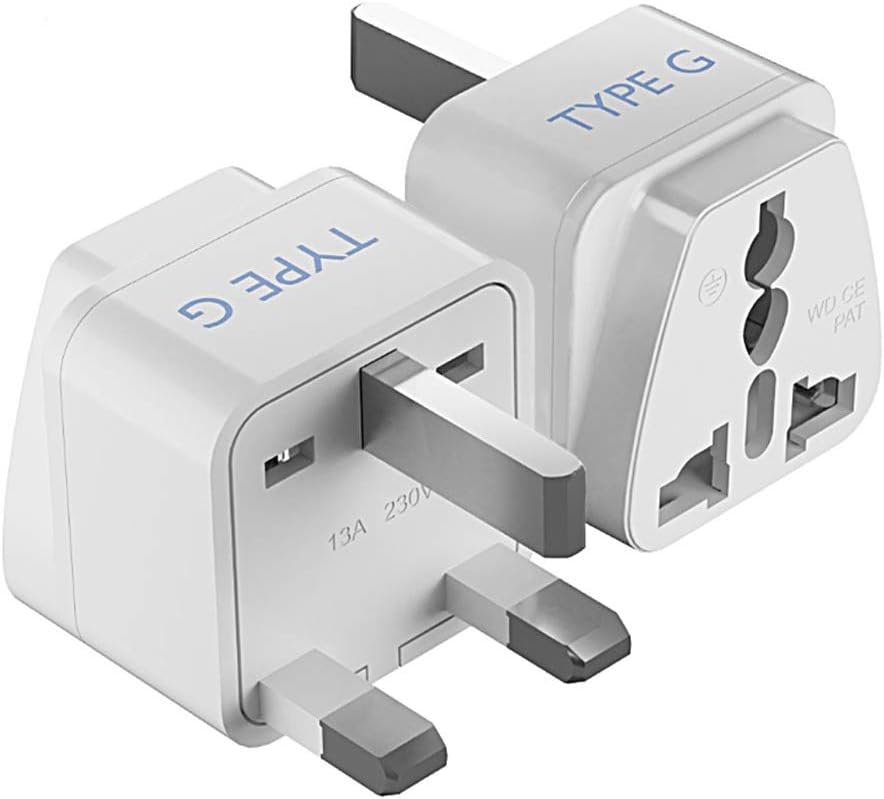 Type G UK Adapter for Indian Pins, India to Hong Kong, UAE, Dubai Travel - Perfect for Laptop, Camera, Charger - CE - RoHS - 2 Pack -White - 5 Years Warranty