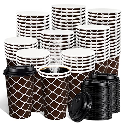 Ayieyill 74 Sets Disposable Coffee Cups 16 oz with Lids, Coffee Paper Cups for Hot Beverages To Go Coffee Paper Cups with Lids Travel Coffee Cup Home Office Parties Coffee Shop (Brown Checkered)