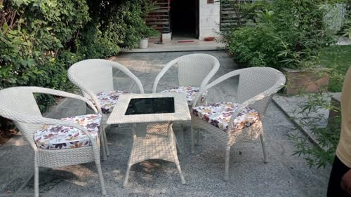 Image of Lotey Outdoor D-8 Chairs Table Set 4+1 Wicker Patio Furniture Sets 4 Chair and 1 Table with Cushions for Garden Balcony Bedroom Powder Coated Frame Uv Protected Wicker (Cream str + Printed Cushion)