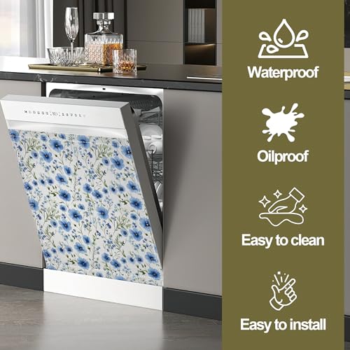 Image of Blue Floral Magnetic Dishwasher Cover,Cornflower Dishwasher Covers for The Front Magnetic Dishwasher Panel Decal Cover for Kitchen 23x26inch