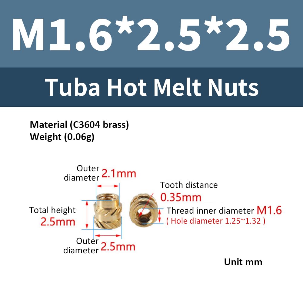 Thread Insert, Pack of 100, M1.6 x 2.5 x 2.5 mm, C3640 Brass Heating Insert, Press-in Nut - Image 2