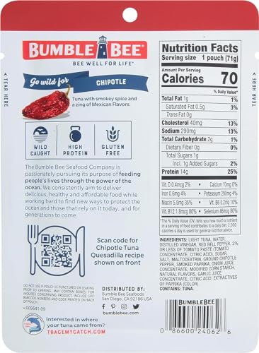 Image of Bumble Bee Chipotle Seasoned Tuna, 2.5 oz Pouches (Pack of 12) - Ready to Eat - Wild Caught Tuna Packet - 14g Protein per Serving - Gluten Free