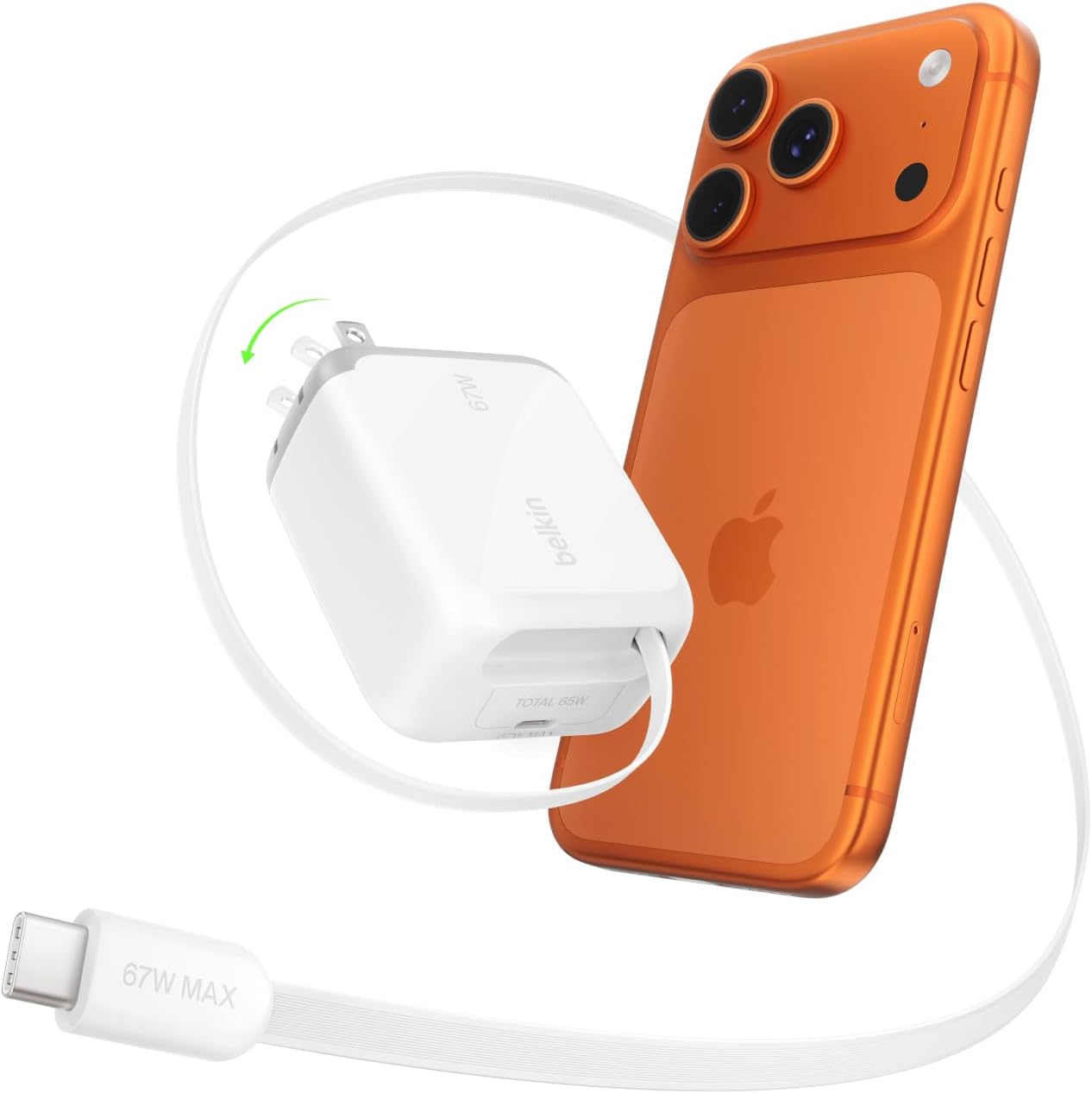 Belkin USB C Retractable Wall Charger, 67W Max GaN Fast Charging Block w/Built-in, Extra-Long 3.3ft Retractable Cable - iPhone Charger for iPhone 17/16 Series, Galaxy, MacBook, AirPods, iPad, & More