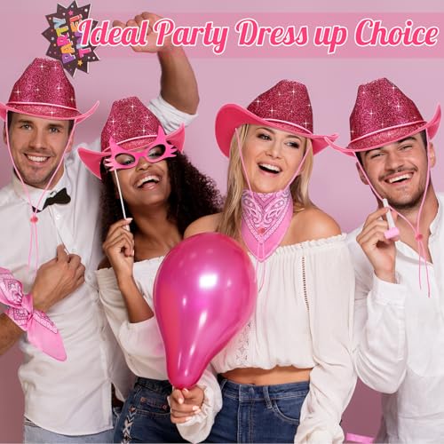 Image of Coume 12 Pcs Sparkly Adults Cowboy Hat and Bandanas Women Men Western Glitter Cowgirl Party Hats with Adjustable Drawstring