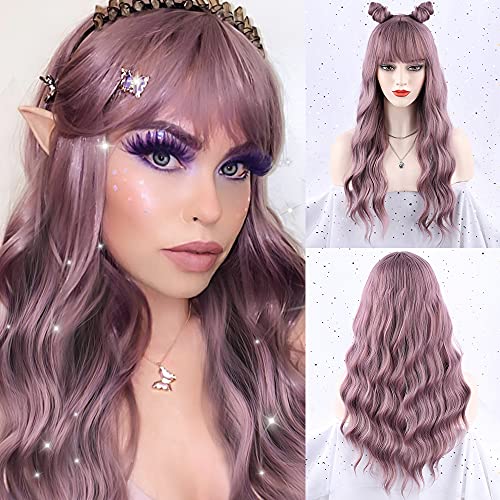 ENTRANCED STYLES Purple Wig with Bangs - Long, Curly, Heat Resistant Wigs for Daily Wear and Parties