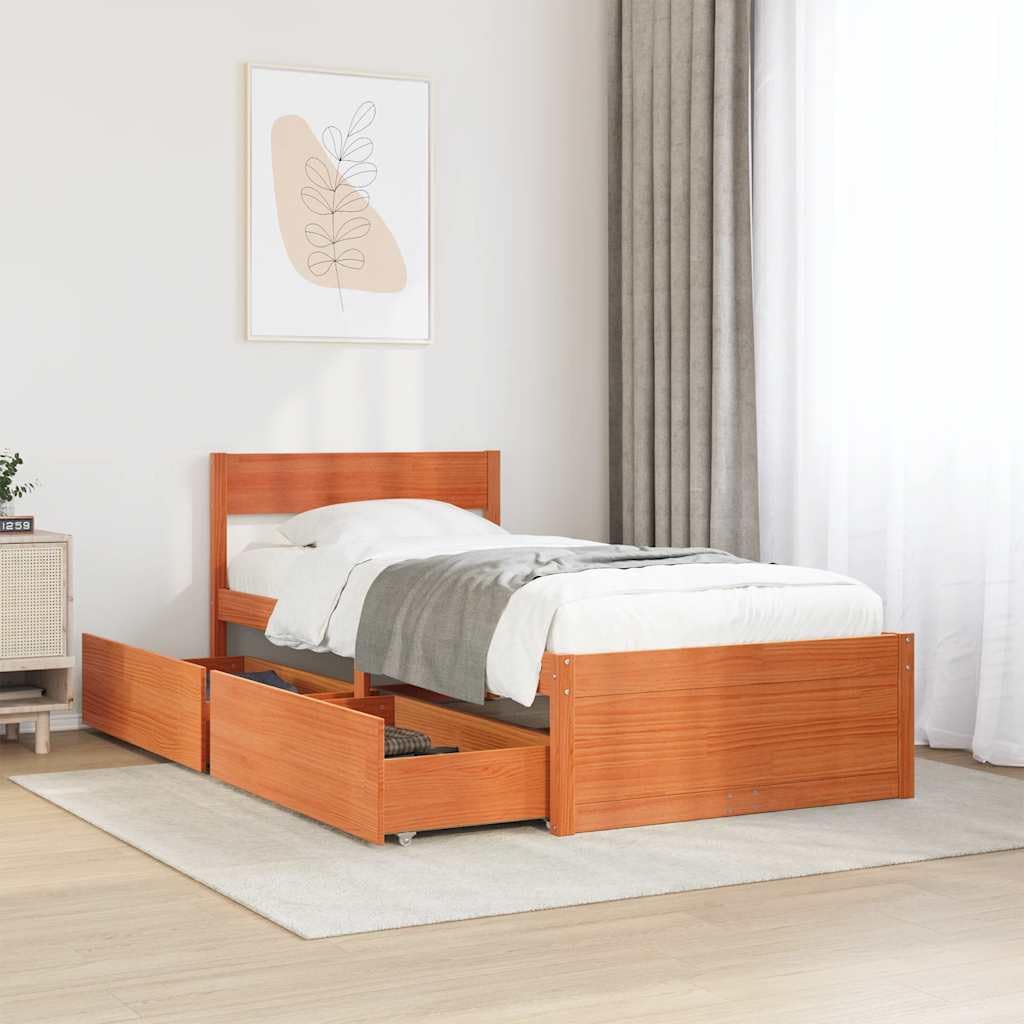 vidaXL Giroletto Cassetti Marrone Cera 90x190cm Legno Massello di Pino, Telaio Letto, Base Letto, Letto in Legno, Struttura Letto, Letto