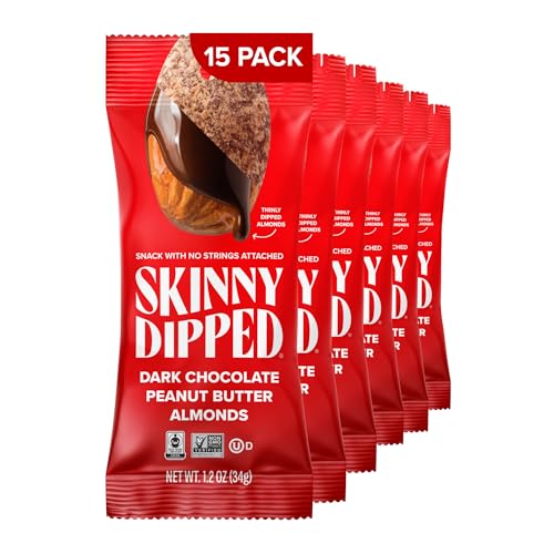 Image of SkinnyDipped Dark Chocolate Peanut Butter Almonds, 1.2oz Bags | 15 Pack | Crunchy Whole Almonds Thinly Dipped in Chocolate | Gluten Free | Plant Protein Snack Packs