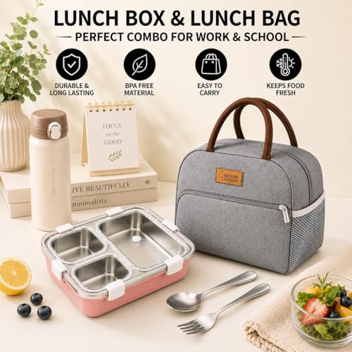 Image of MISAMO ENTERPRISELunch Box with Insulated Lunch Bag Combo, 3 Compartment Stainless Steel Lunch Box with Spoon & Fork, Leak Proof Food Container for School, Office & Travel (Grey Bag+Pink Lunch Box)