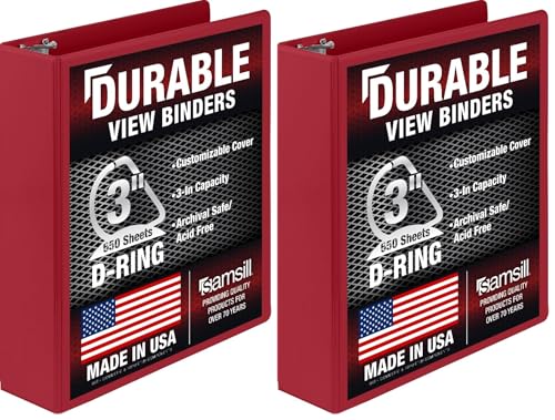 Image of Samsill Durable 3 inch 3 Ring Binder, D Ring Binder, 100% Recycled Chipboard, Red (Pack of 2)