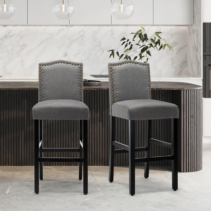 LSSPAID-285-inches-Fabric-Backed-Bar-Stools-Set-of-2-Fabric-Counter-Backed-Bar-Stools-Nailhead-Barstools-with-Solid-Wood-Legs-Gray LSSPAID 285 inches Fabric Backed Bar Stools Set of 2 Fabric Counter Backed Bar Stools Nailhead Barstools with Solid Wood Legs Gray