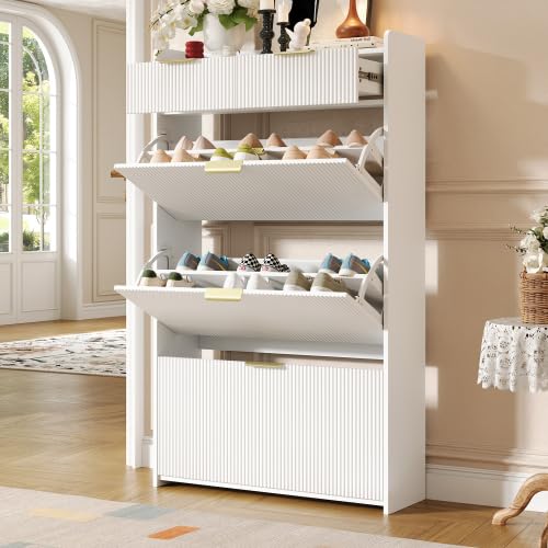 Scarpiera 80 cm bianco, 3 ribaltabili, 2 cassetti, design moderno